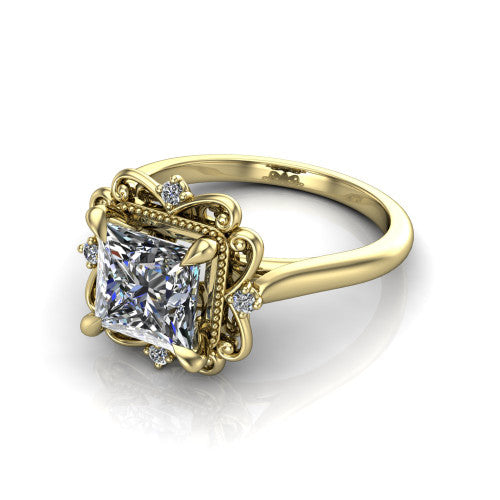 Gracelynn princess floral halo engagement ring in 14K Yellow Gold with ornate filigree halo and plain band, three-quarter perspective view