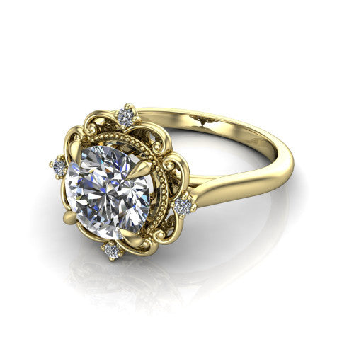 Gracelynn round floral halo engagement ring in 14K Yellow Gold with ornate filigree halo and plain band, three-quarter perspective view