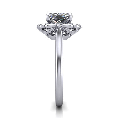Gracelyn cushion halo engagement ring in 14K White Gold, side profile showing the carved scrollwork halo frame and the polished band