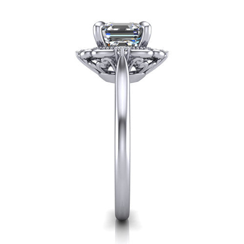 Gracelyn asscher halo engagement ring in 18K White Gold, side profile showing the carved scrollwork halo frame and the polished band