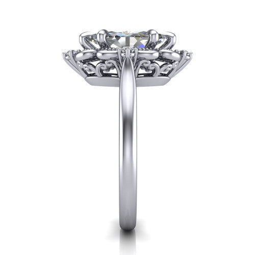Gracelyn marquise halo engagement ring in 14K White Gold, side profile showing the carved scrollwork halo frame and the polished band