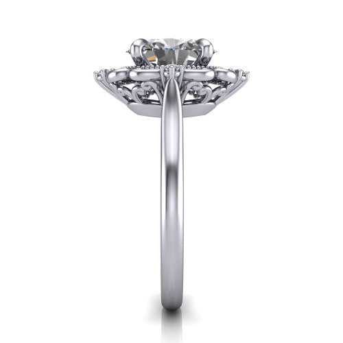 Gracelyn oval halo engagement ring in 14K White Gold, side profile showing the carved scrollwork halo frame and the polished band