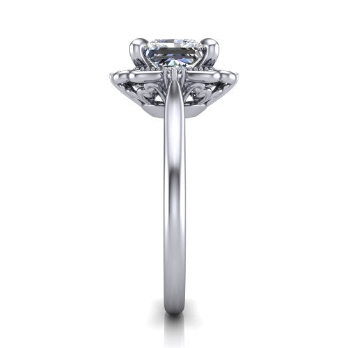 Gracelyn princess halo engagement ring in 14K White Gold, side profile showing the carved scrollwork halo frame and the polished band