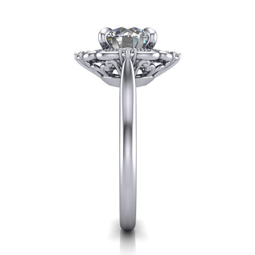 Gracelyn round halo engagement ring in 18K White Gold, side profile showing the carved scrollwork halo frame and the polished band