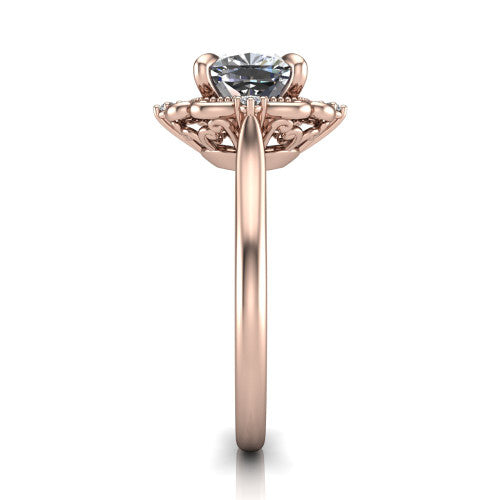 Gracelyn cushion halo engagement ring in 18K Rose Gold, side profile showing the carved scrollwork halo frame and the polished band