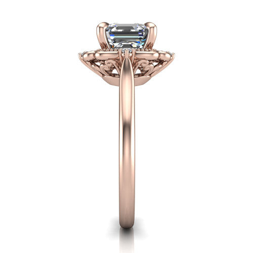 Gracelyn asscher halo engagement ring in 18K Rose Gold, side profile showing the carved scrollwork halo frame and the polished band