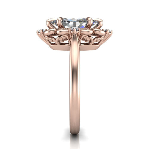 Gracelyn marquise halo engagement ring in 18K Rose Gold, side profile showing the carved scrollwork halo frame and the polished band