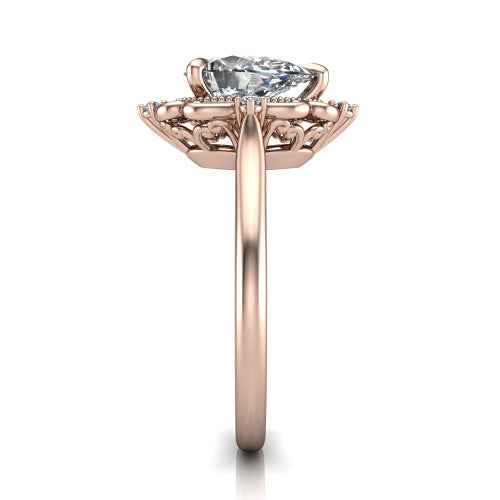 Gracelyn pear halo engagement ring in 18K Rose Gold, side profile showing the carved scrollwork halo frame and the polished band
