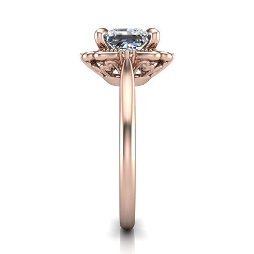 Gracelyn princess halo engagement ring in 14K Rose Gold, side profile showing the carved scrollwork halo frame and the polished band