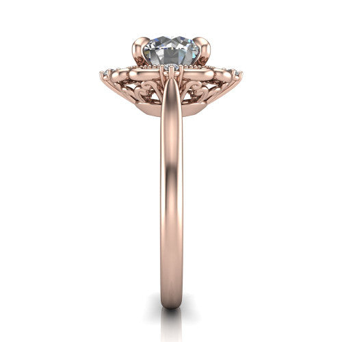 Gracelyn round halo engagement ring in 18K Rose Gold, side profile showing the carved scrollwork halo frame and the polished band