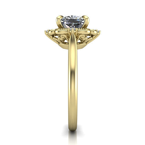 Gracelyn cushion halo engagement ring in 18K Yellow Gold, side profile showing the carved scrollwork halo frame and the polished band