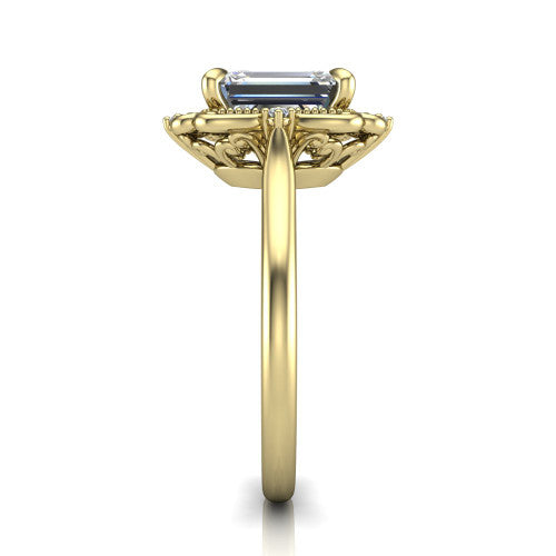 Gracelyn emerald halo engagement ring in 14K Yellow Gold, side profile showing the carved scrollwork halo frame and the polished band