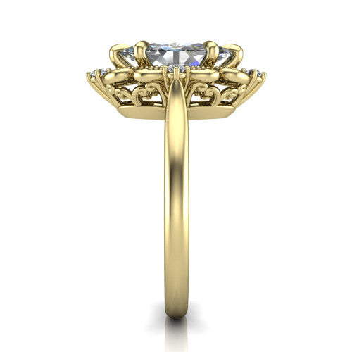 Gracelyn marquise halo engagement ring in 14K Yellow Gold, side profile showing the carved scrollwork halo frame and the polished band