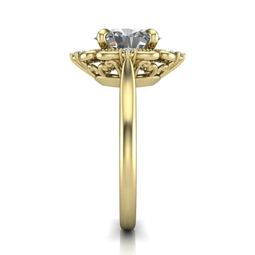 Gracelyn oval halo engagement ring in 18K Yellow Gold, side profile showing the carved scrollwork halo frame and the polished band