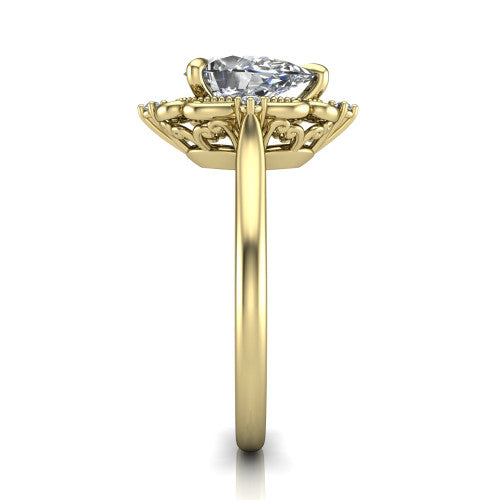 Gracelyn pear halo engagement ring in 18K Yellow Gold, side profile showing the carved scrollwork halo frame and the polished band