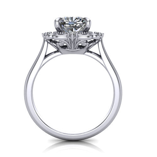 Gracelyn cushion halo engagement ring in 18K White Gold, through-finger front profile showing the filigree halo head raised above the slim polished shank