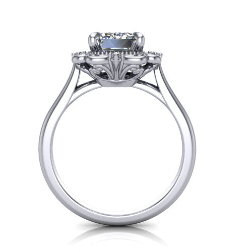 Gracelyn emerald halo engagement ring in Platinum, through-finger front profile showing the filigree halo head raised above the slim polished shank