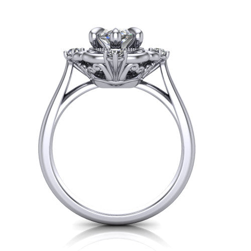 Gracelyn marquise halo engagement ring in 18K White Gold, through-finger front profile showing the filigree halo head raised above the slim polished shank