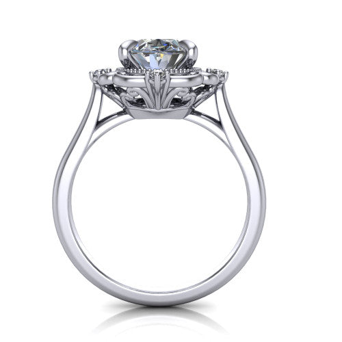 Gracelyn oval halo engagement ring in 18K White Gold, through-finger front profile showing the filigree halo head raised above the slim polished shank
