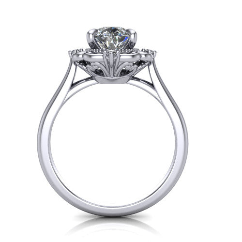 Gracelyn pear halo engagement ring in 18K White Gold, through-finger front profile showing the filigree halo head raised above the slim polished shank
