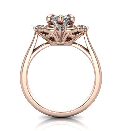 Gracelyn marquise halo engagement ring in 18K Rose Gold, through-finger front profile showing the filigree halo head raised above the slim polished shank