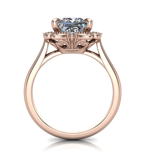 Gracelyn princess halo engagement ring in 14K Rose Gold, through-finger front profile showing the filigree halo head raised above the slim polished shank