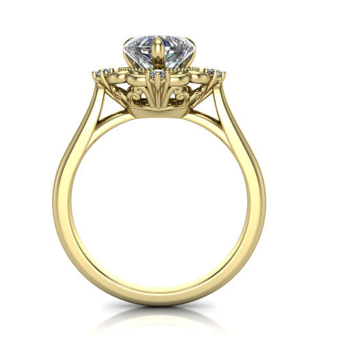 Gracelyn heart halo engagement ring in 14K Yellow Gold, through-finger front profile showing the filigree halo head raised above the slim polished shank