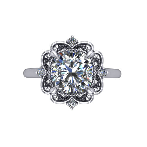 Gracelyn cushion halo engagement ring in 18K White Gold, top-down view showing the center diamond within an open carved filigree halo with fleur-de-lis corners