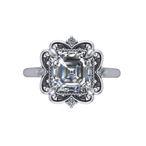 Gracelyn asscher halo engagement ring in 14K White Gold, top-down view showing the center diamond within an open carved filigree halo with fleur-de-lis corners