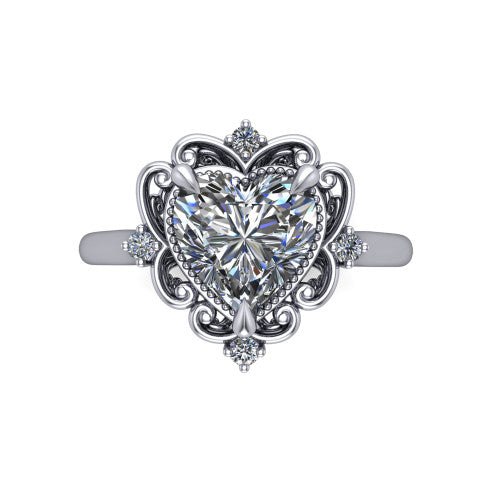 Gracelynn heart floral halo engagement ring in 18K White Gold with ornate filigree halo and plain band, top-down view of the floral filigree halo