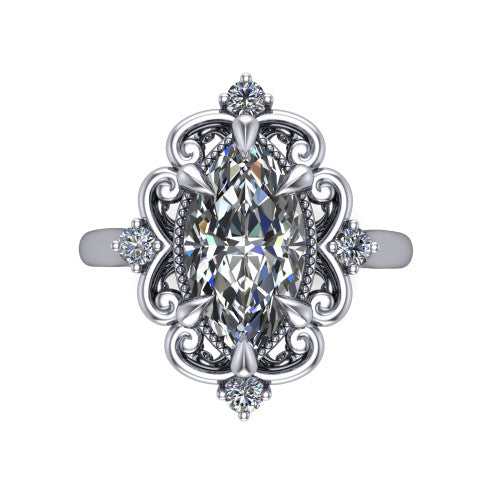 Gracelyn marquise halo engagement ring in 14K White Gold, top-down view showing the center diamond within an open carved filigree halo with fleur-de-lis corners