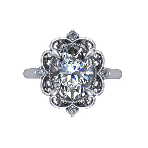 Gracelyn oval halo engagement ring in 18K White Gold, top-down view showing the center diamond within an open carved filigree halo with fleur-de-lis corners