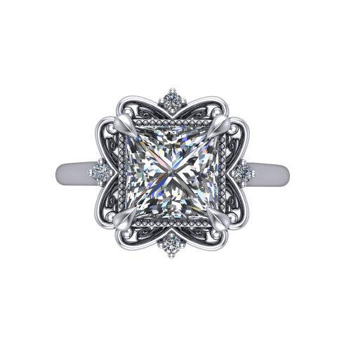 Gracelyn princess halo engagement ring in Platinum, top-down view showing the center diamond within an open carved filigree halo with fleur-de-lis corners
