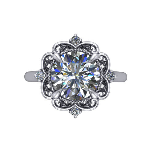 Gracelyn round halo engagement ring in Platinum, top-down view showing the center diamond within an open carved filigree halo with fleur-de-lis corners