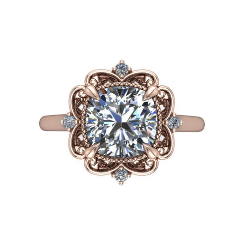 Gracelyn cushion halo engagement ring in 18K Rose Gold, top-down view showing the center diamond within an open carved filigree halo with fleur-de-lis corners