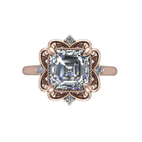 Gracelyn asscher halo engagement ring in 14K Rose Gold, top-down view showing the center diamond within an open carved filigree halo with fleur-de-lis corners