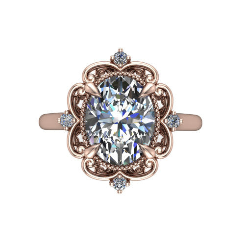 Gracelyn oval halo engagement ring in 18K Rose Gold, top-down view showing the center diamond within an open carved filigree halo with fleur-de-lis corners