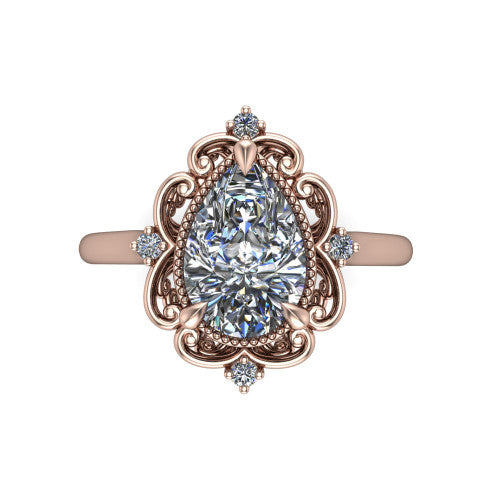 Gracelyn pear halo engagement ring in 18K Rose Gold, top-down view showing the center diamond within an open carved filigree halo with fleur-de-lis corners