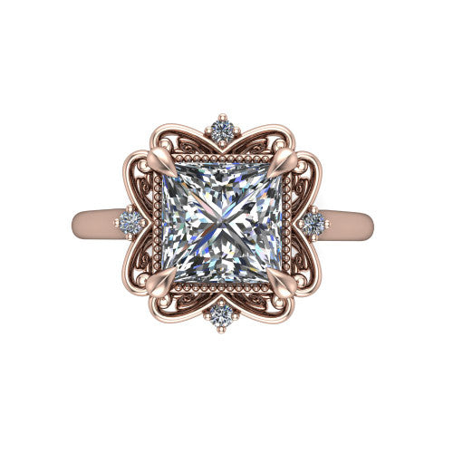 Gracelyn princess halo engagement ring in 14K Rose Gold, top-down view showing the center diamond within an open carved filigree halo with fleur-de-lis corners