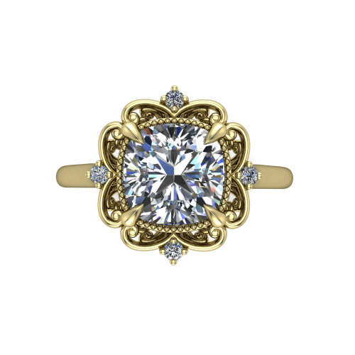 Gracelyn cushion halo engagement ring in 18K Yellow Gold, top-down view showing the center diamond within an open carved filigree halo with fleur-de-lis corners