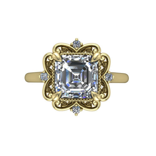 Gracelyn asscher halo engagement ring in 14K Yellow Gold, top-down view showing the center diamond within an open carved filigree halo with fleur-de-lis corners