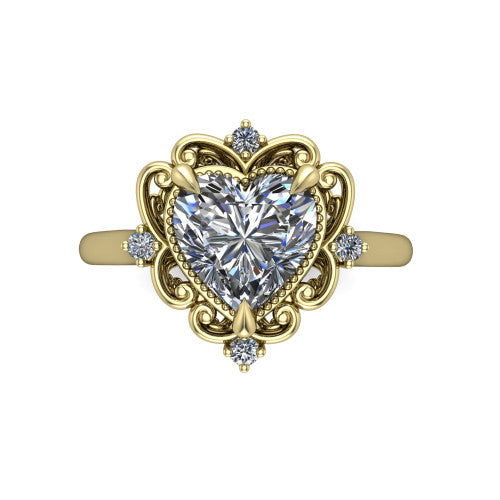 Gracelyn heart halo engagement ring in 18K Yellow Gold, top-down view showing the center diamond within an open carved filigree halo with fleur-de-lis corners