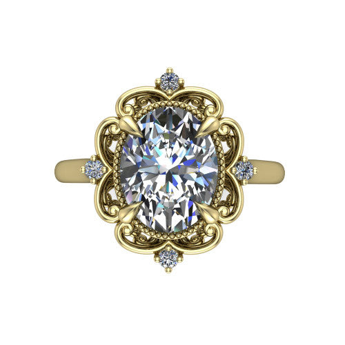 Gracelyn oval halo engagement ring in 14K Yellow Gold, top-down view showing the center diamond within an open carved filigree halo with fleur-de-lis corners
