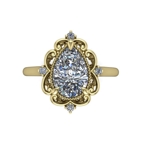 Gracelynn pear floral halo engagement ring in 14K Yellow Gold with ornate filigree halo and plain band, top-down view of the floral filigree halo