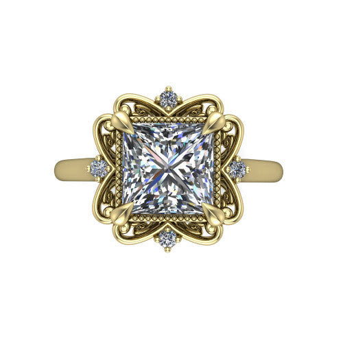 Gracelyn princess halo engagement ring in 14K Yellow Gold, top-down view showing the center diamond within an open carved filigree halo with fleur-de-lis corners