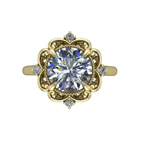 Gracelyn round halo engagement ring in 14K Yellow Gold, top-down view showing the center diamond within an open carved filigree halo with fleur-de-lis corners