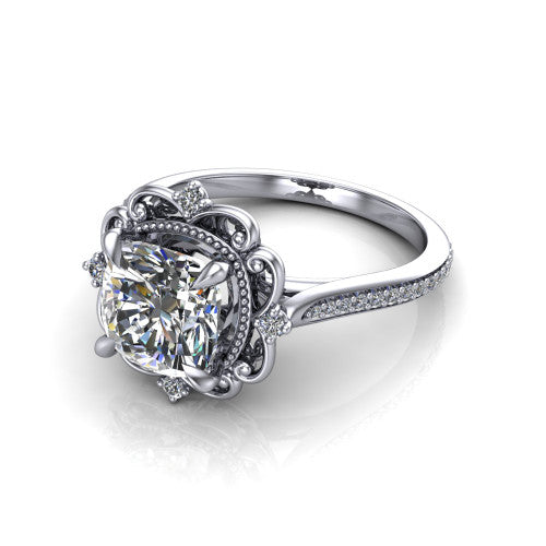 Remington cushion vintage halo engagement ring in 14K White Gold with ornate floral filigree halo and pavé band, three-quarter perspective view