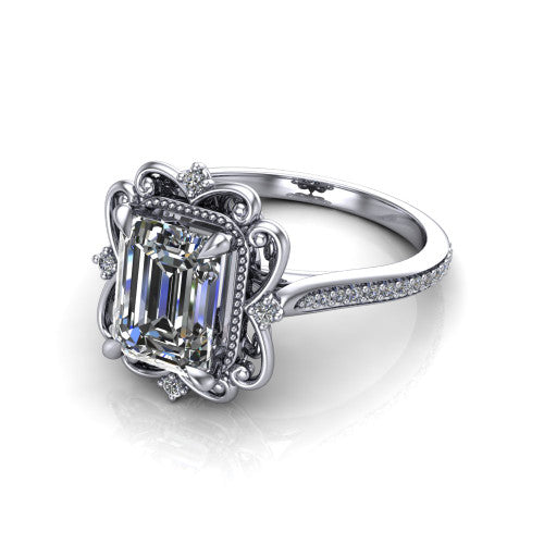 Remington emerald vintage halo engagement ring in 14K White Gold with ornate floral filigree halo and pavé band, three-quarter perspective view
