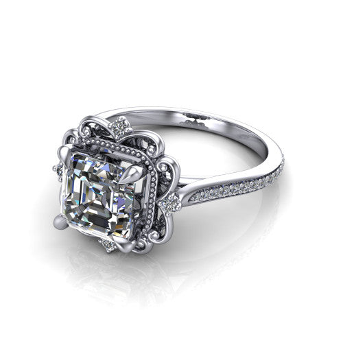 Remington asscher vintage halo engagement ring in 14K White Gold with ornate floral filigree halo and pavé band, three-quarter perspective view