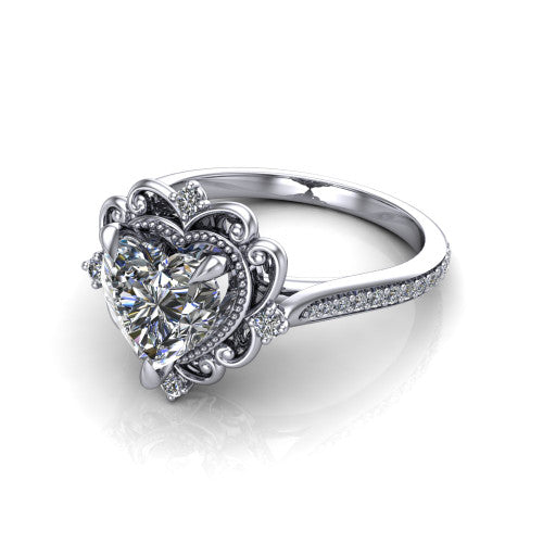 Remington heart vintage halo engagement ring in 18K White Gold with ornate floral filigree halo and pavé band, three-quarter perspective view